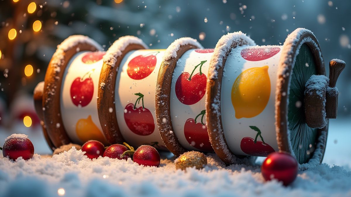 Draaiende rollen met vruchten in een sneeuwachtige kerstsetting.