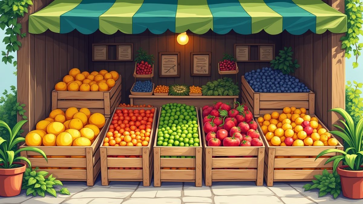 Obstladen mit lebhaften Farben und Vegetation drumherum.