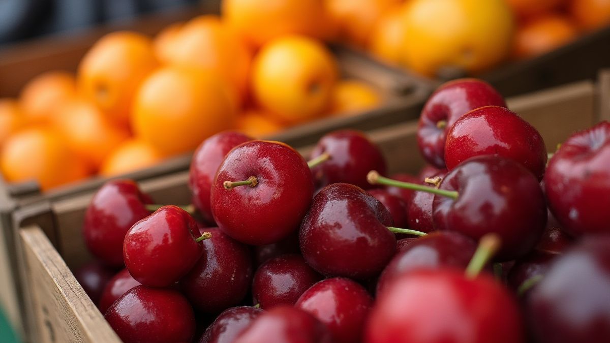 Lebhafte Früchte wie Kirschen und Orangen in Holzkisten.