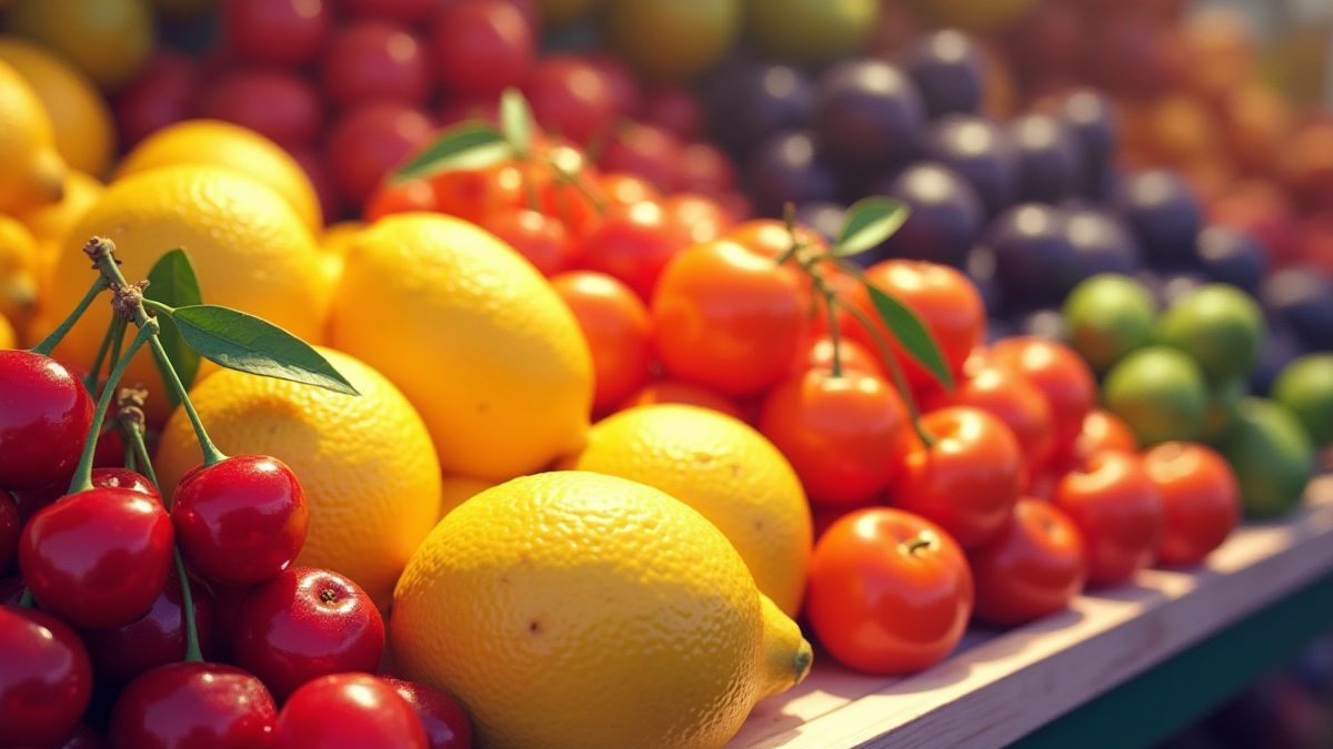 Un poste de fruits animé avec des cerises, des citrons et des prunes.