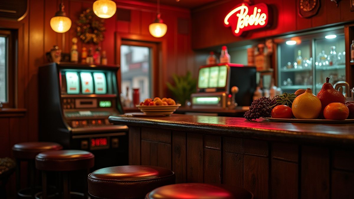 Escena de un bar retro con una tragamonedas clásica y frutas en el mostrador.