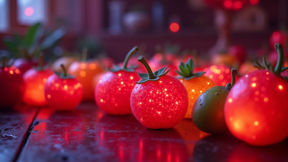 Frutas animadas brillando bajo luces de neón.