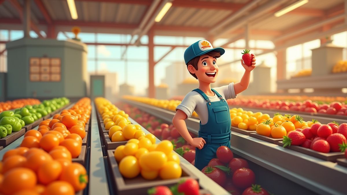 Fábrica de frutas animada com uma grande variedade de cores.