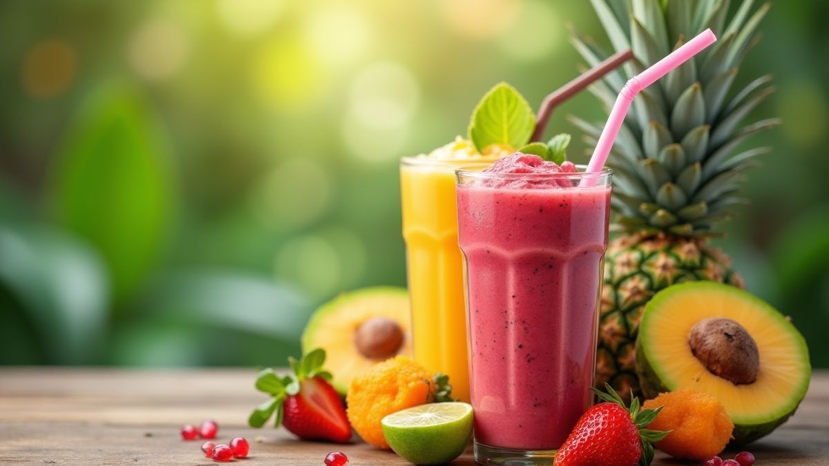 Tropische smoothie met vers fruit en een rietje.