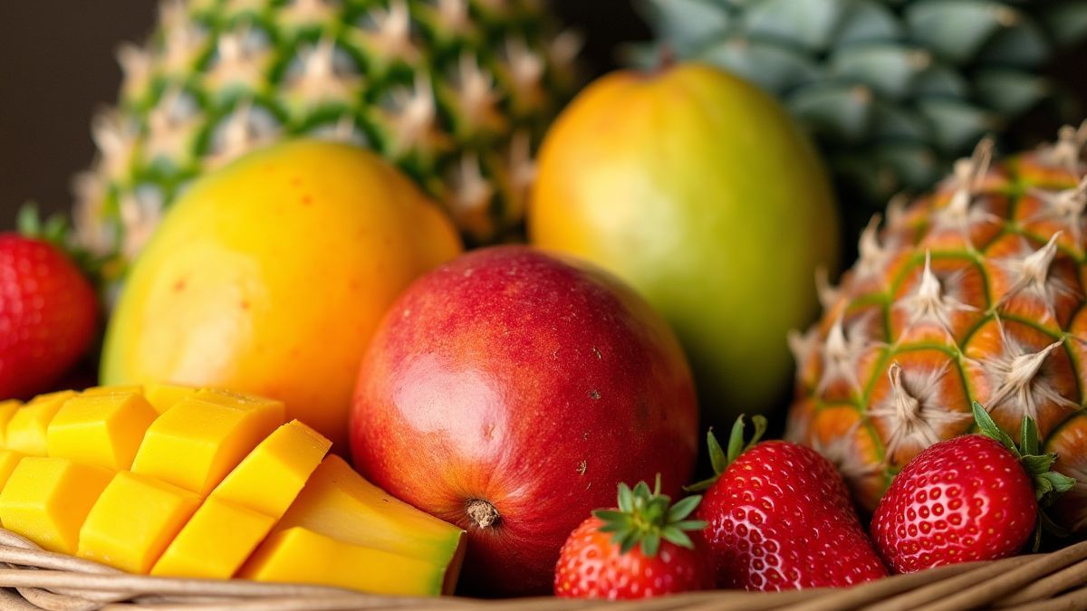 Mand met tropisch fruit met mango's, aardbeien en ananassen.