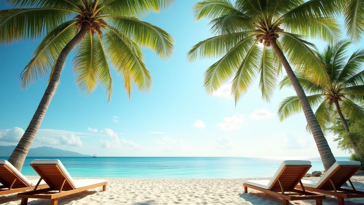 Ontspannende tropische strandsetting met palmbomen en houten stoelen.