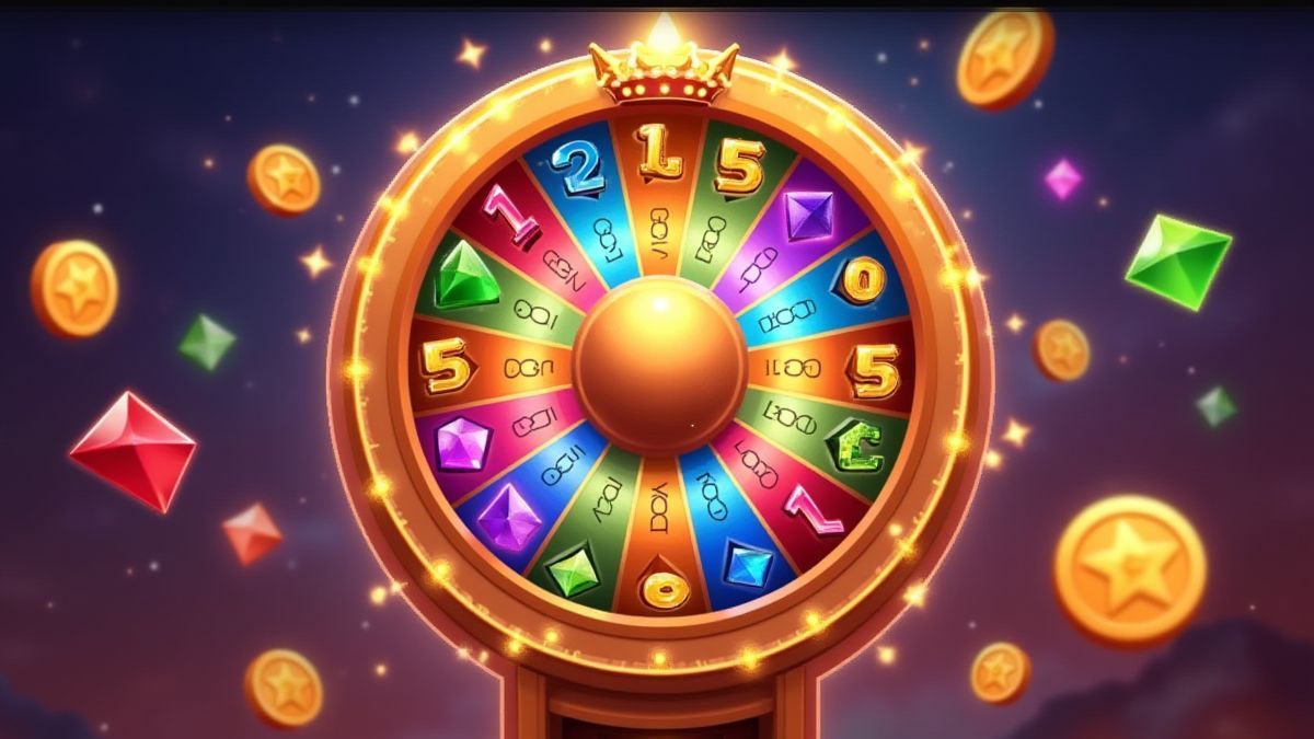 Lucky wheel with bright gems and prizes.