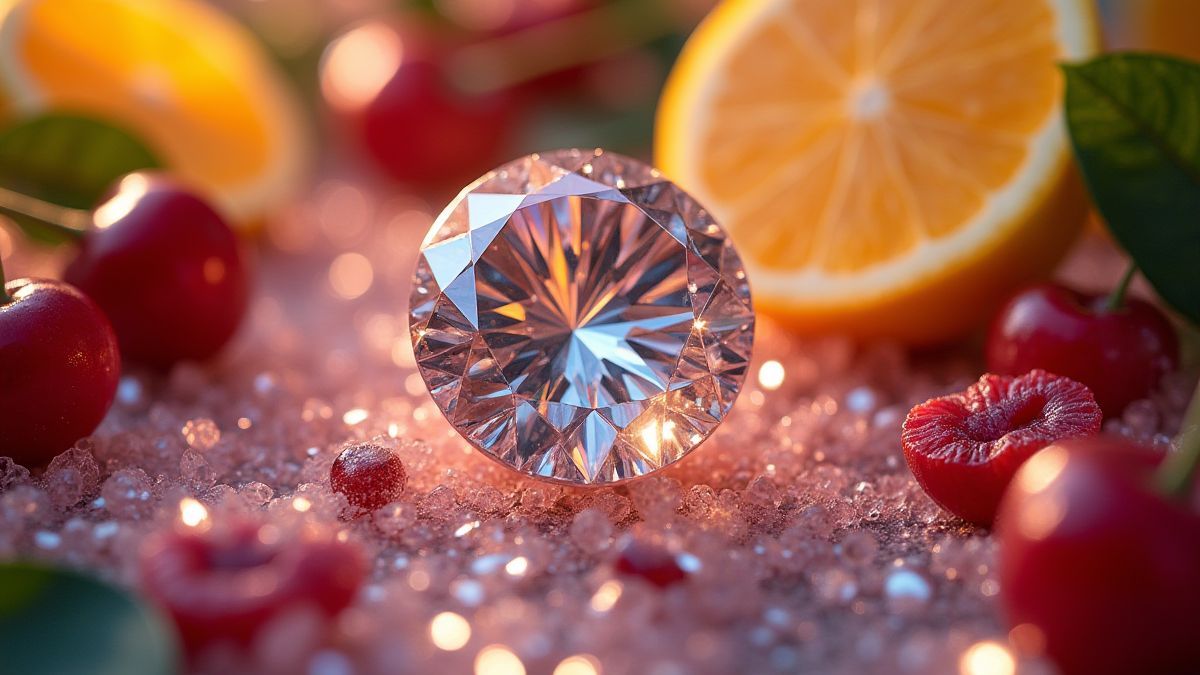 Diamantes brillantes y frutas coloridas en un ambiente lujoso.