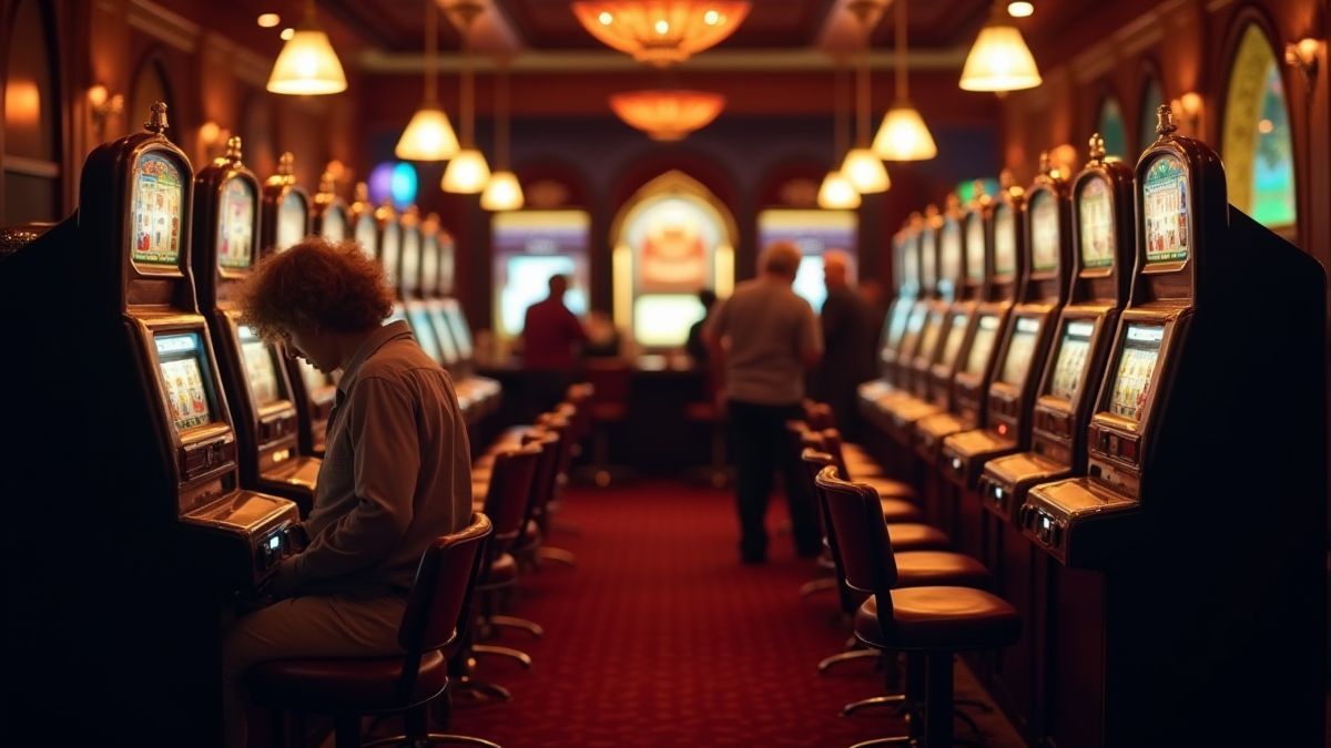 Ambiance accueillante de casino avec des machines classiques.