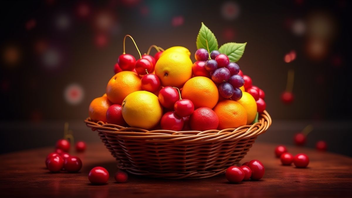 Cesta de frutas brillantes con cerezas, naranjas, limones y uvas.