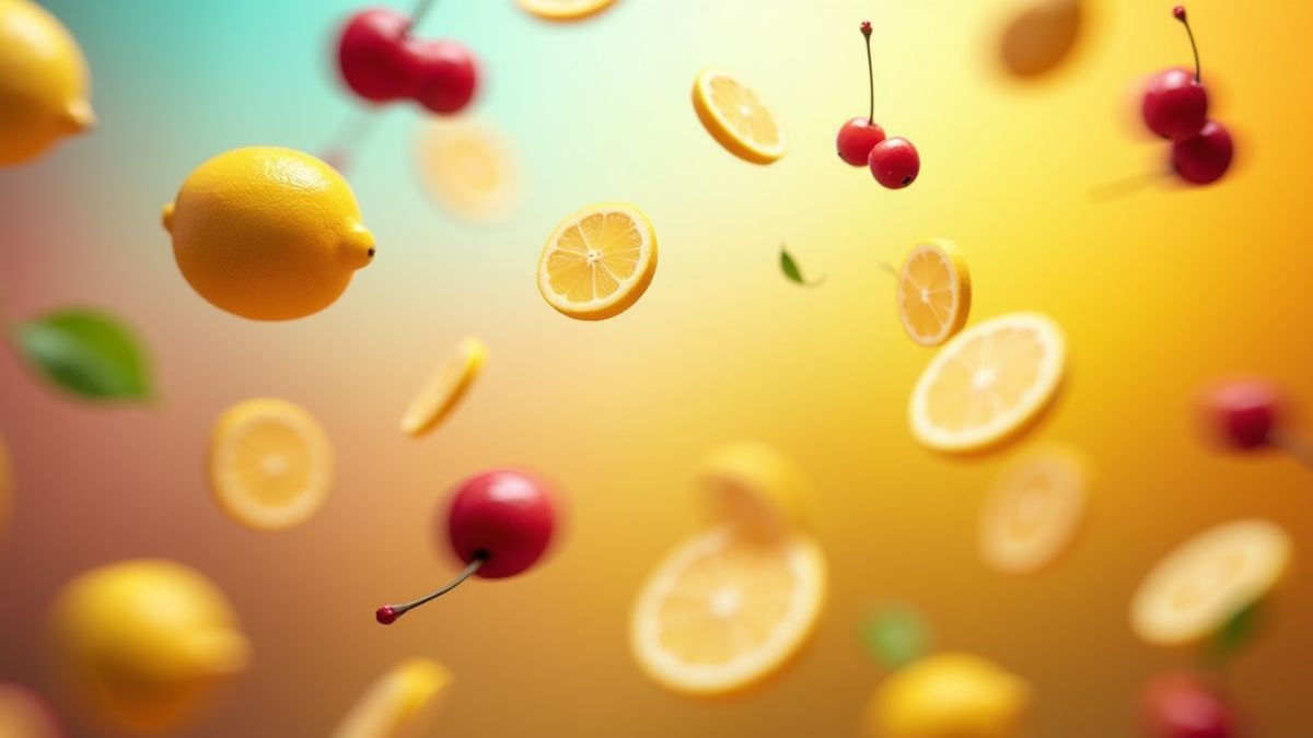 Fondo colorido con frutas girando como cerezas y limones.