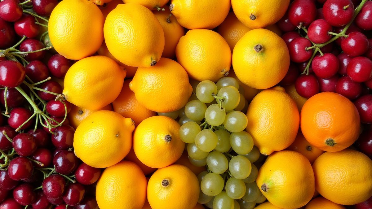 Frutas coloridas como cerejas, limões e uvas em uma disposição atraente.
