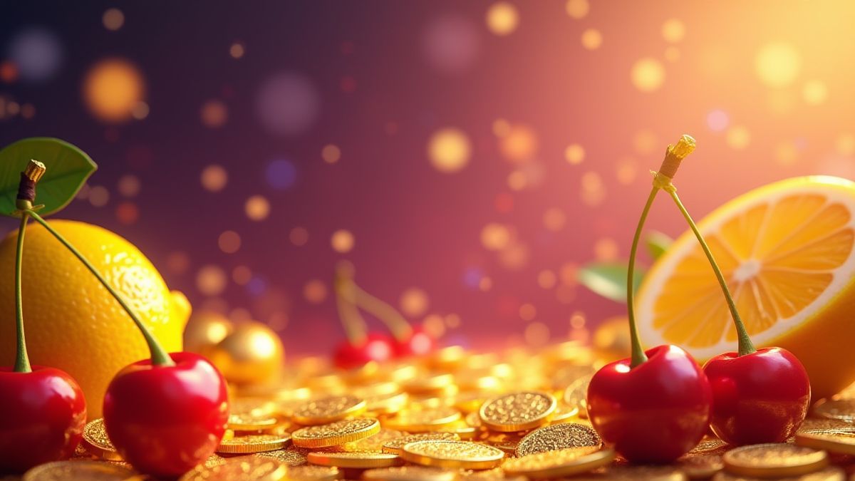 Fundo animado com moedas douradas brilhantes e frutas vibrantes como cerejas e limões.