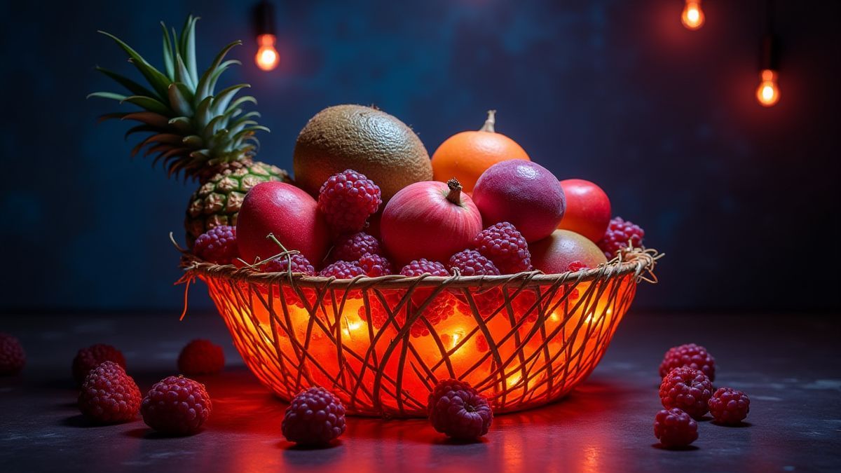 Ein Korb mit tropischen Früchten unter einem leuchtenden Neonlicht.