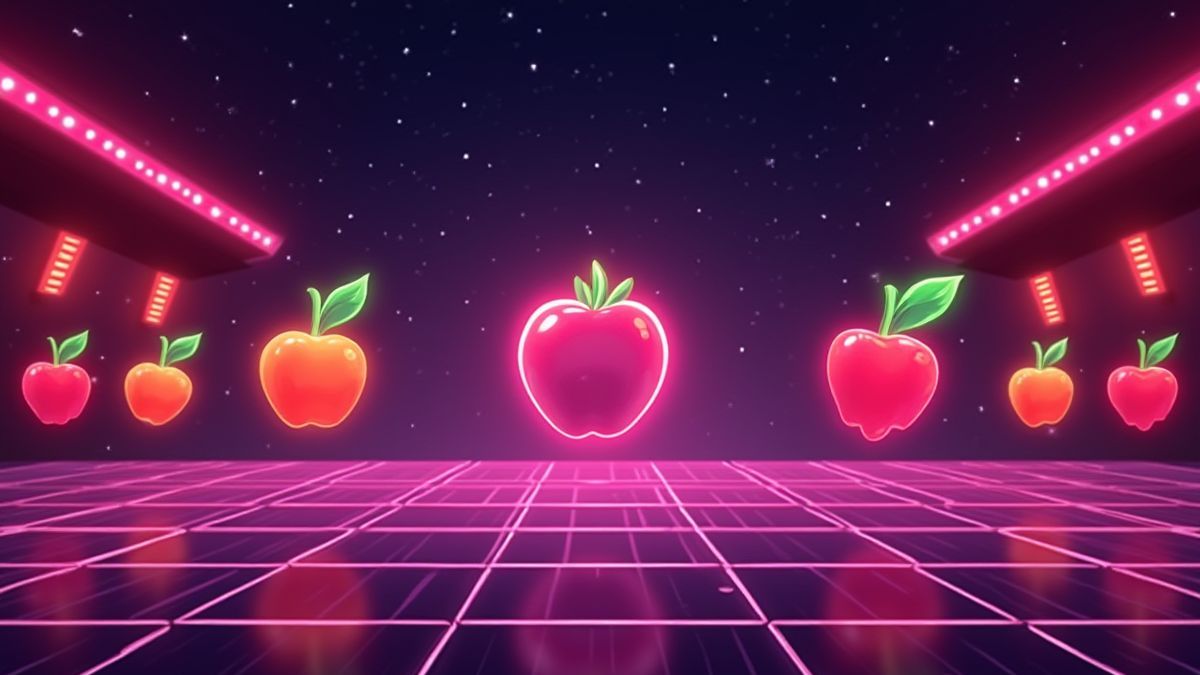 Retro achtergrond met stralende fruitsymbolen.