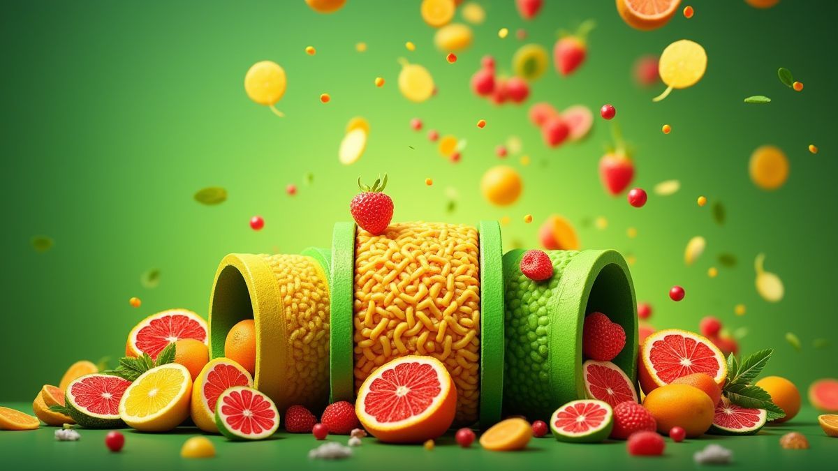 Carretes verdes com frutas caindo em cascata.
