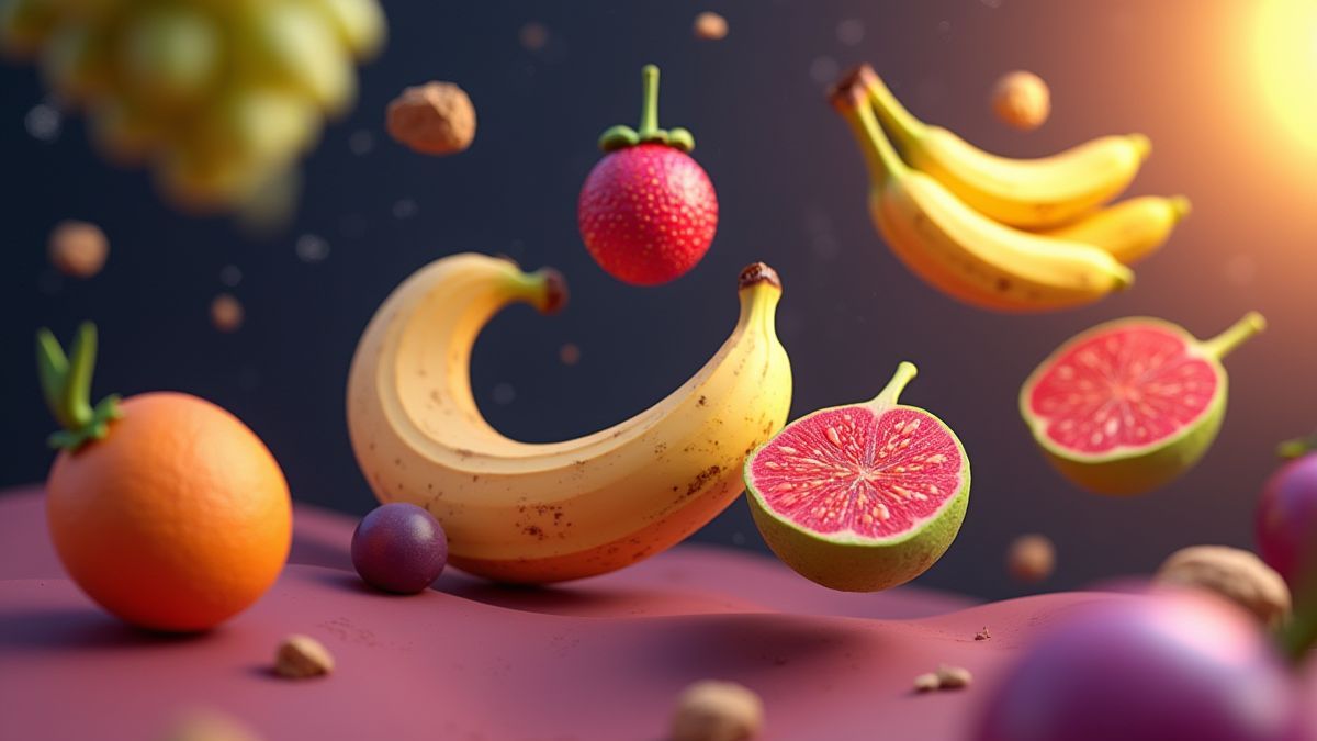 Realistische Früchte, die in einem animierten Raum schweben.