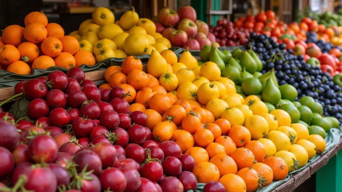Lebendiger Obstmarkt mit strahlenden Farben und frischen Früchten, die schön angeordnet sind.