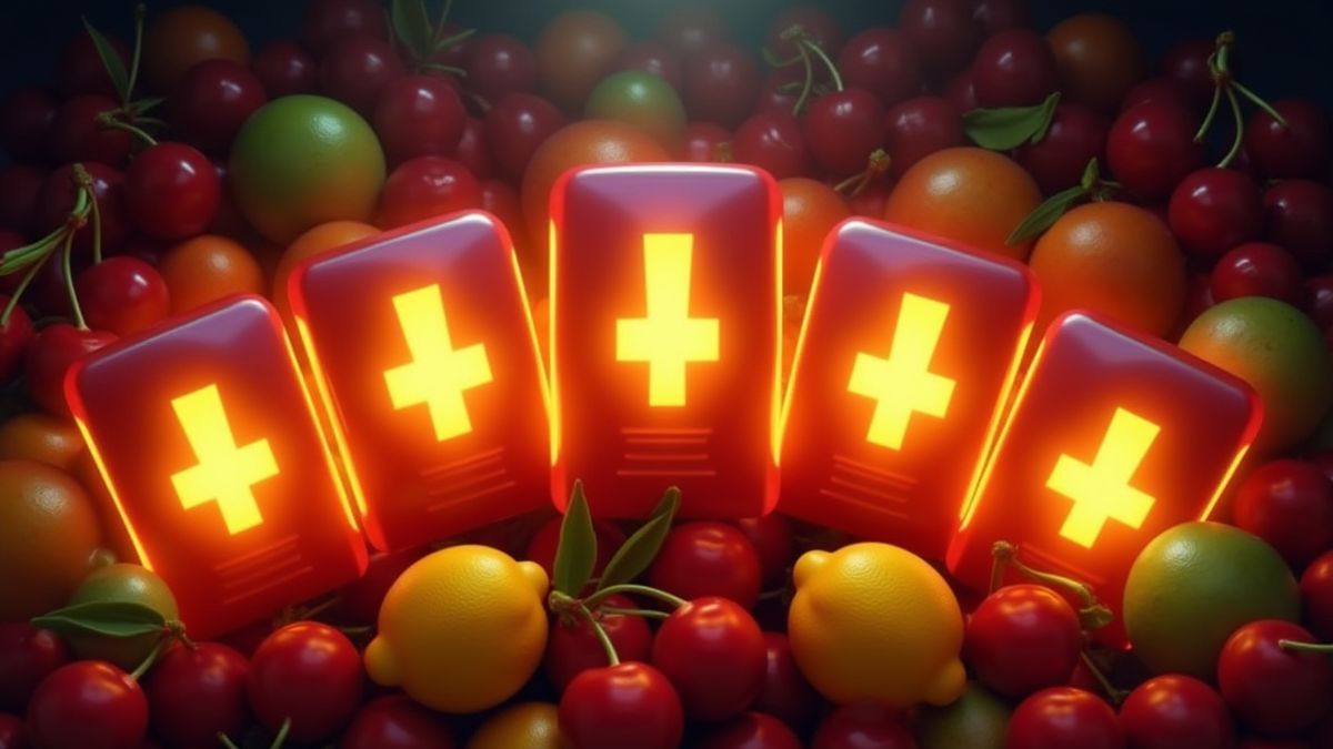 Leuchtende Multiplikator-Symbole umgeben von Kirschen und Zitronen.