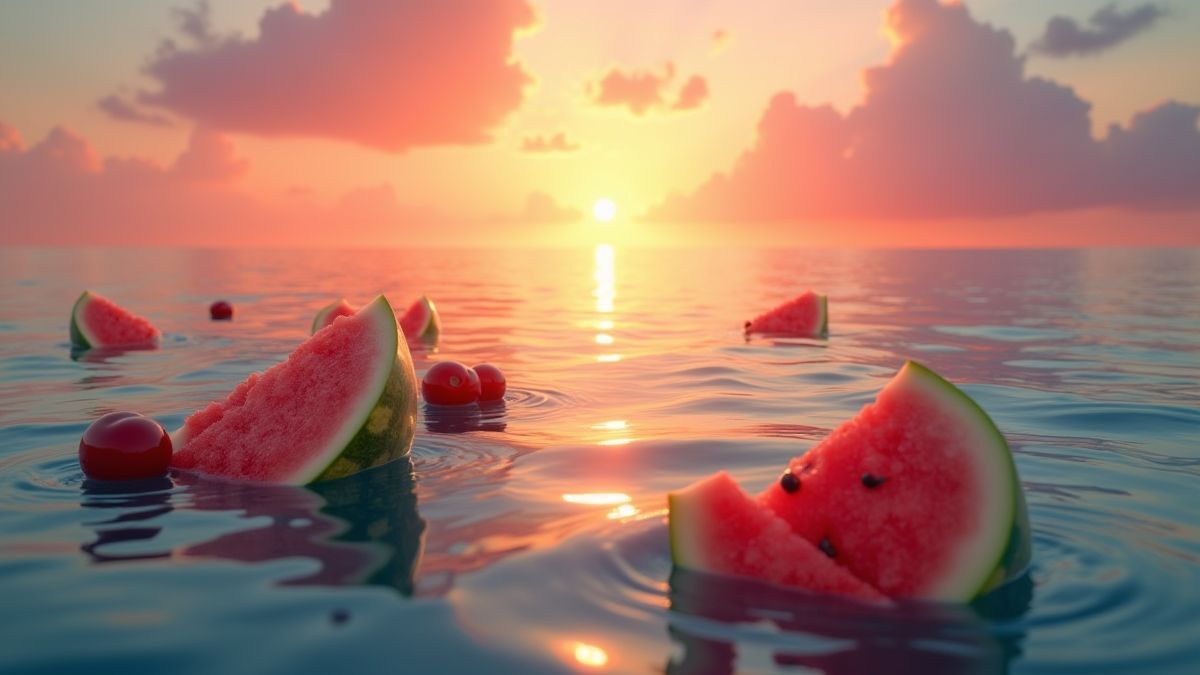 A tranquil sunset with fruits floating in the ocean.