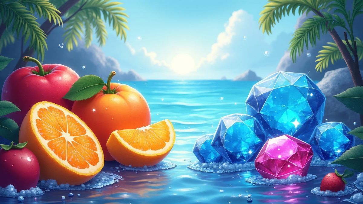 Visual comparison between vibrant fruits and sparkling gems with a zen ocean background.
