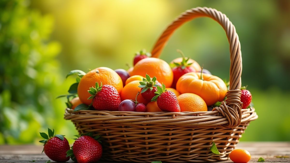 Cesta de frutas coloridas en un jardín soleado.