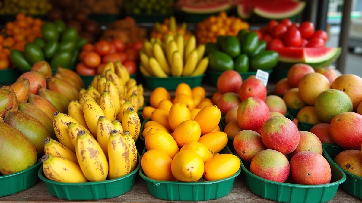 Puesto de frutas tropicales coloridas.