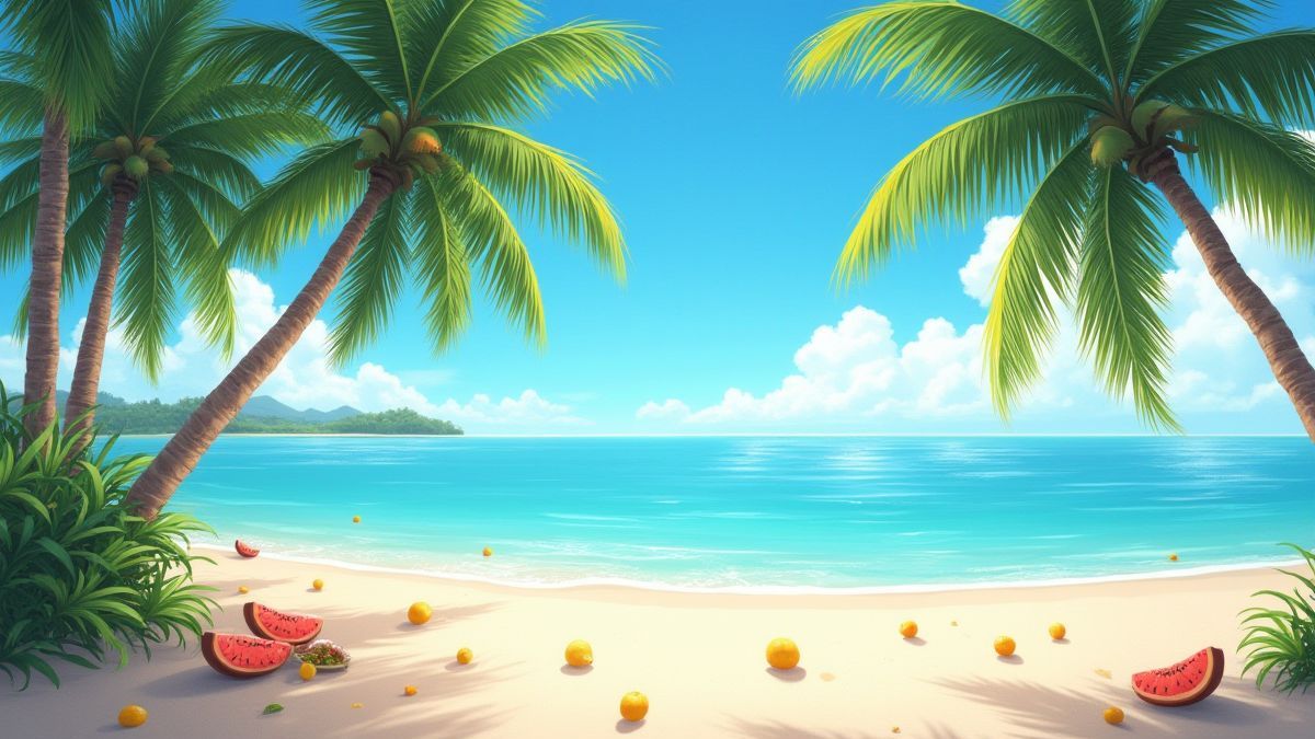 Isla tropical soleada con frutas en la arena.