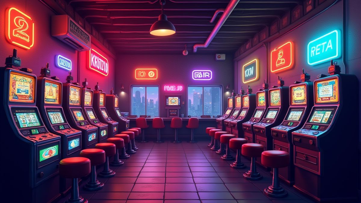 Interior de un pub con máquinas tragaperras retro y luces de neón coloridas.