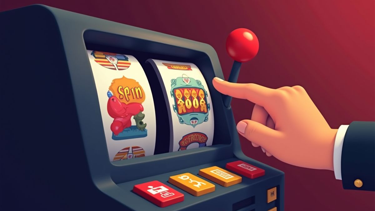 Mano presionando el botón 'Spin' en una máquina tragaperras retro.