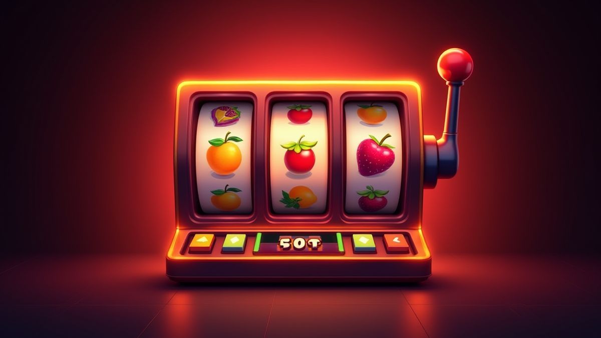 Slot machine with fruit symbols spinning automatically.