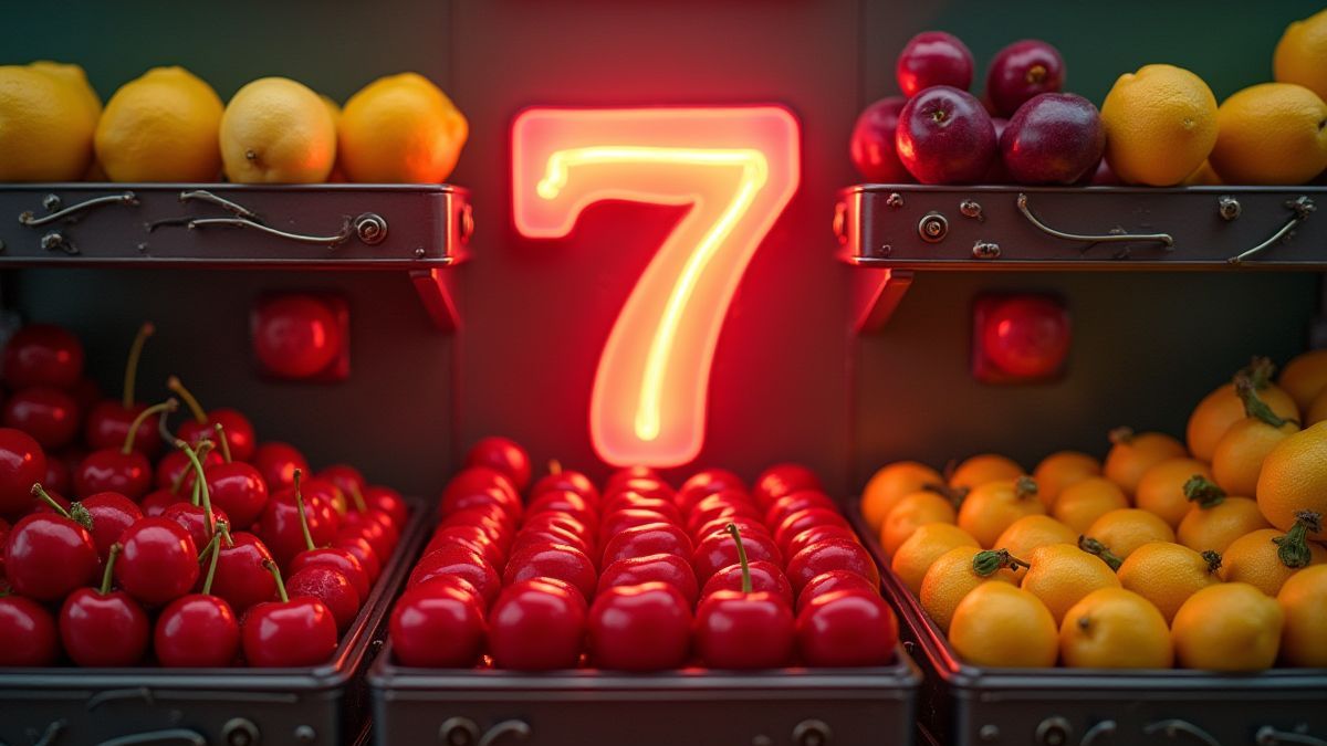 Un poste de fruits style rétro avec des cerises, des citrons et le numéro sept brillant.