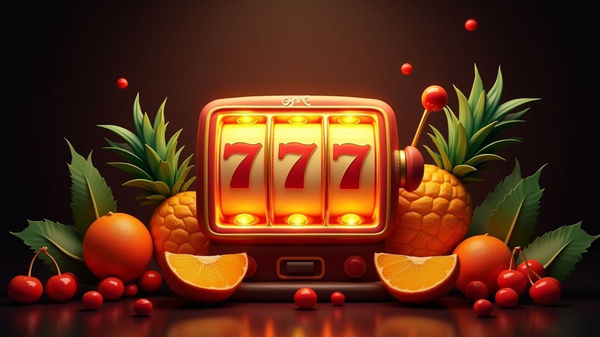 Tragaperras rodeada de frutas tropicales como piñas, naranjas y cerezas.