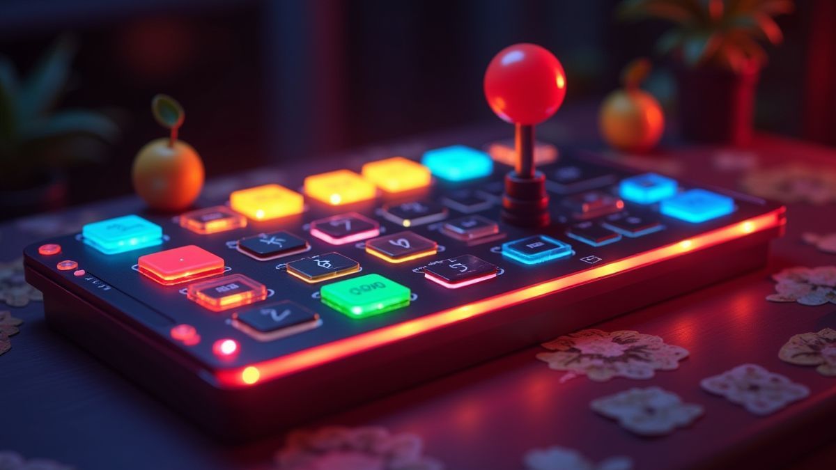 Panel de control de casino con botones brillantes y decoración de frutas.