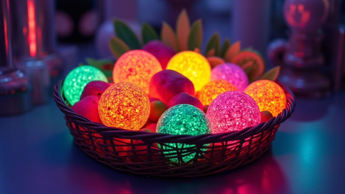 Ein lebhaftes Obstkorb mit leuchtenden Neonfrüchten in einer modernen Umgebung.