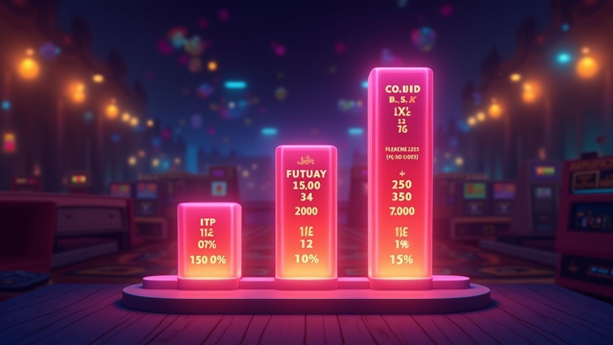 Ein Balkendiagramm, das RTP-Prozentsätze in einer bunten Casino-Umgebung anzeigt.