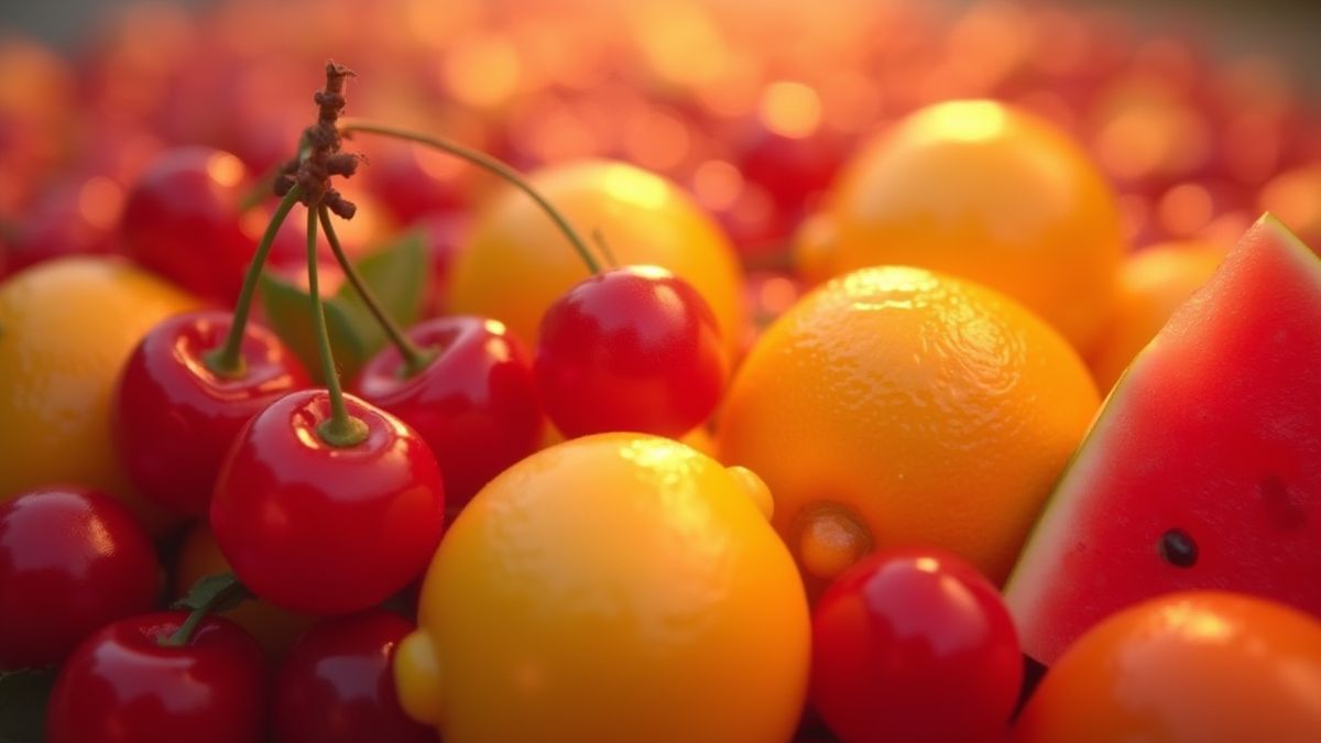Geanimeerde vruchten zoals kersen en watermeloenen in levendige kleuren.