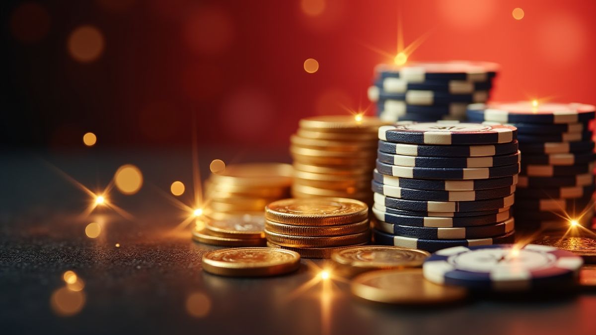 Munten en fiches die schitteren in een casino-omgeving.