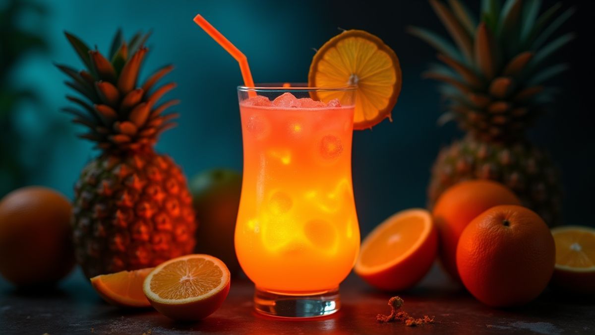 Coquetel tropical rodeado de abacaxis e laranjas