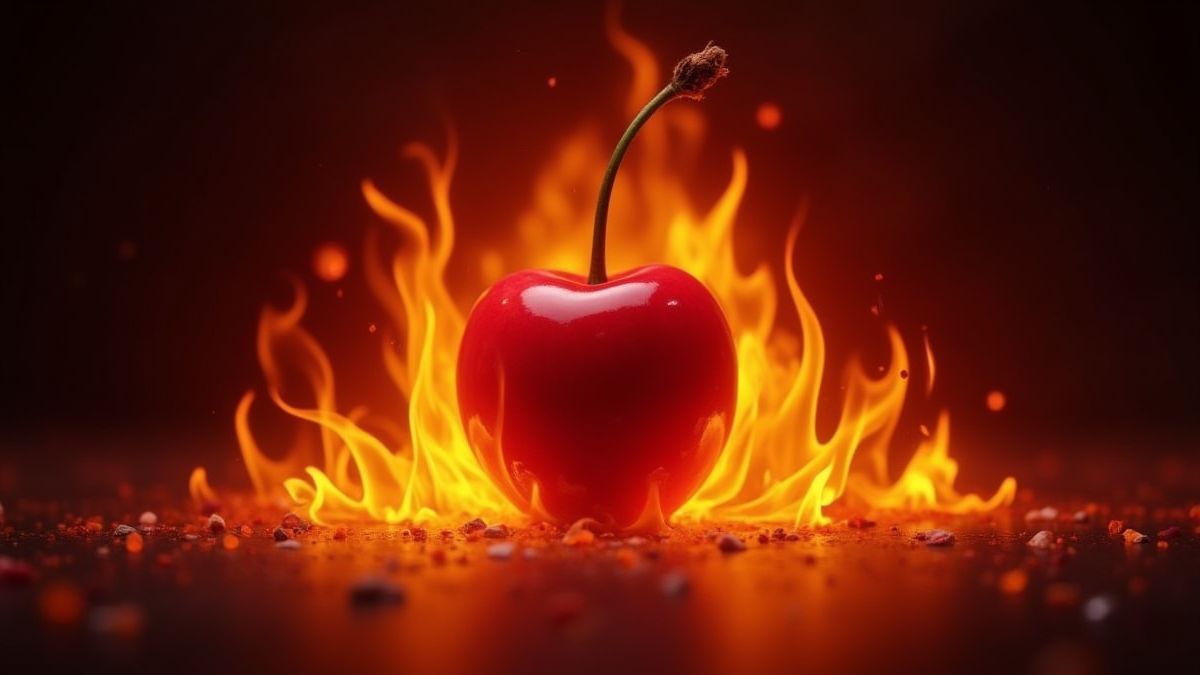 Cerise ardente entourée de flammes.