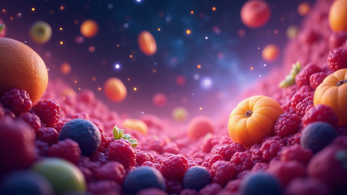 Kosmischer Hintergrund mit schwebenden Früchten und Sternen