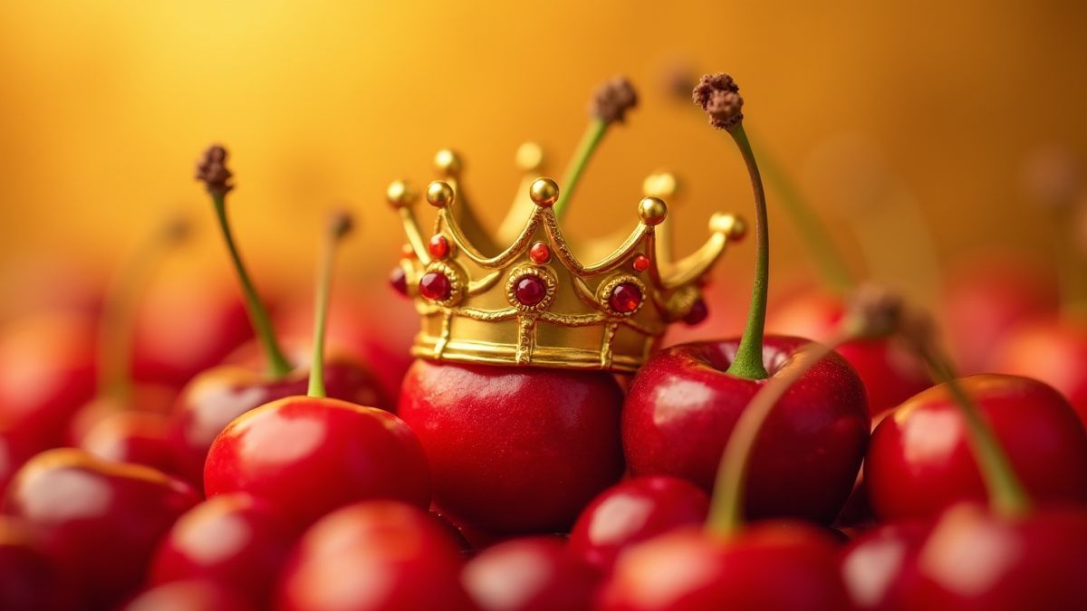 Cerejas vibrantes junto a uma coroa dourada.