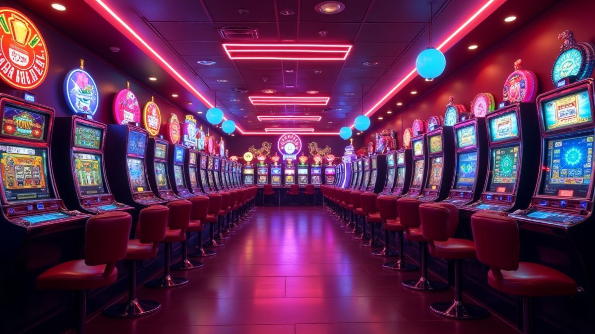 A retro casino lounge with neon lights and classic fruit symbols.
