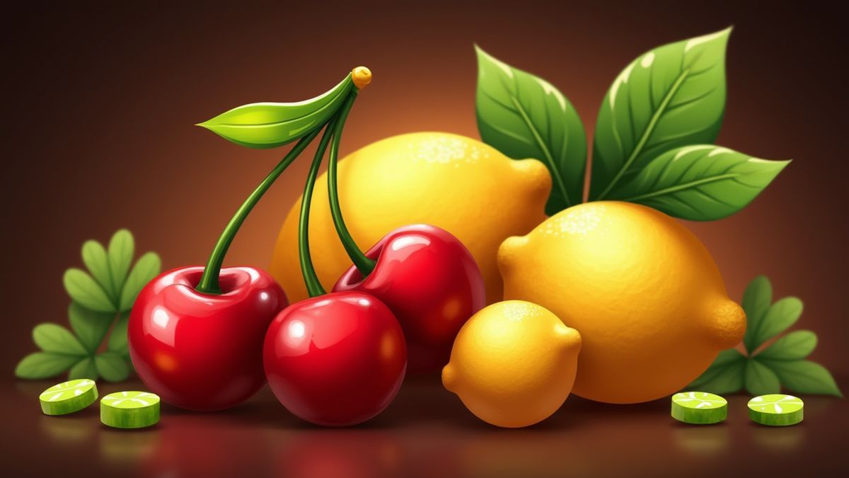 Frutas clásicas y tréboles iluminados bajo luces de casino.