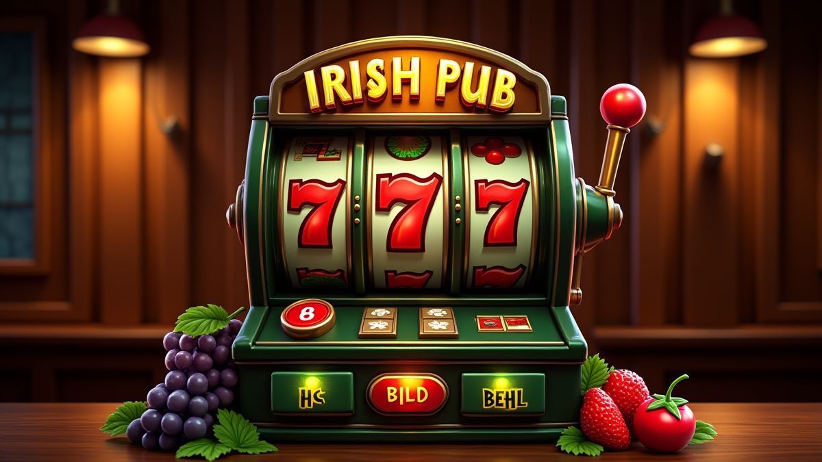 Escenario de estilo pub irlandés con elementos de tragaperras y frutas vibrantes.