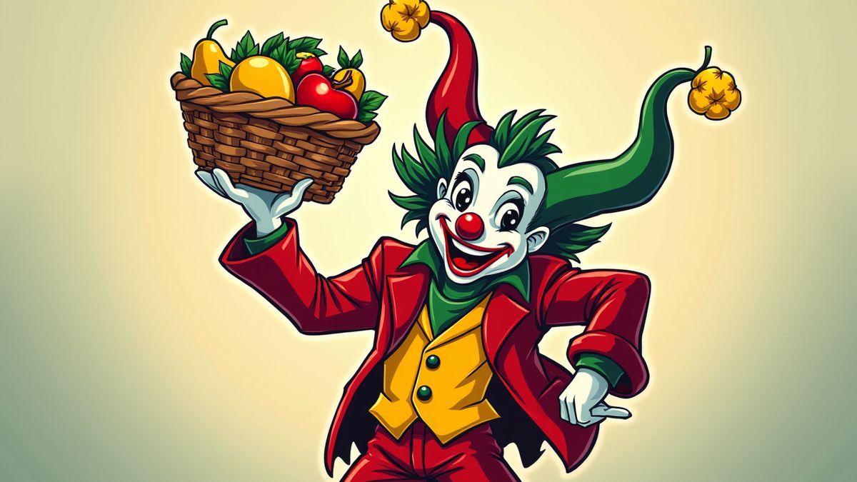 A Joker holding a basket of fruits in a playful style.