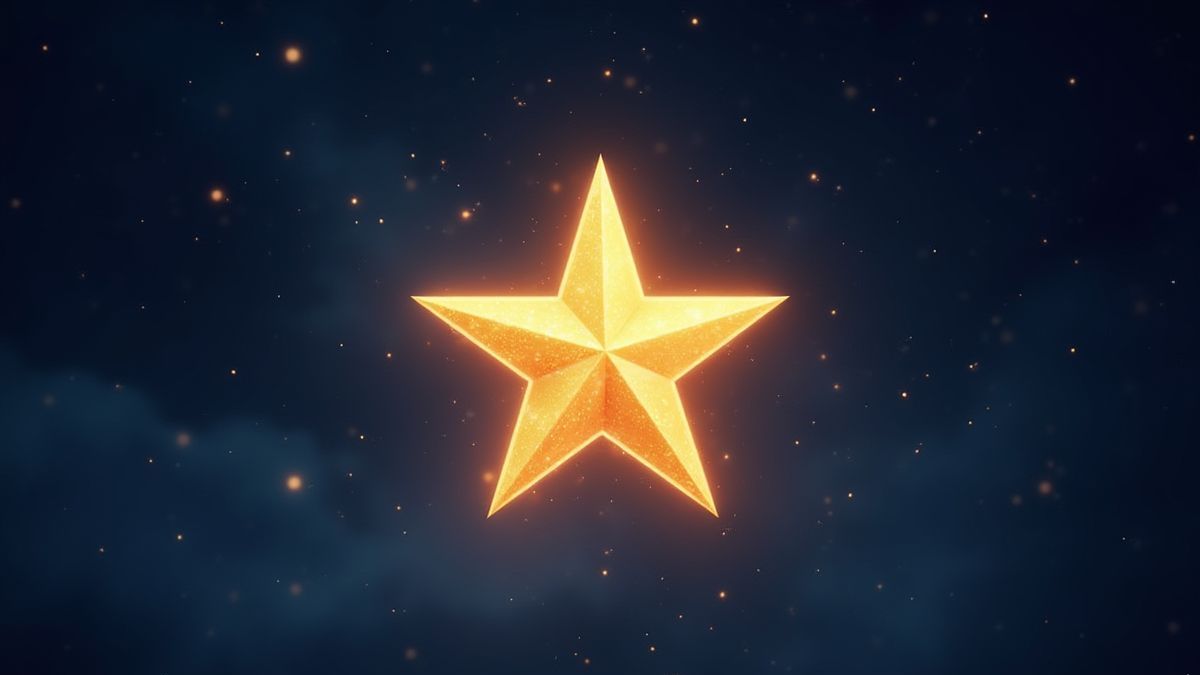 A glowing golden star in a magical nighttime sky.