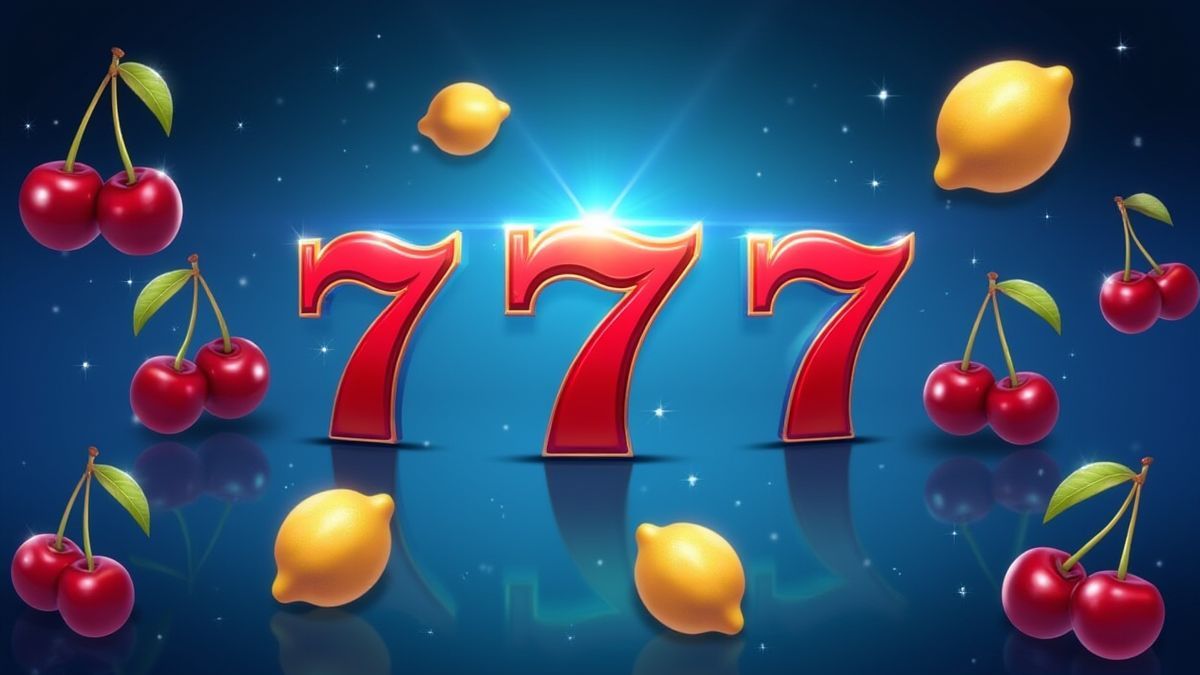 Fruits classiques et sevens sur un fond bleu brillant.