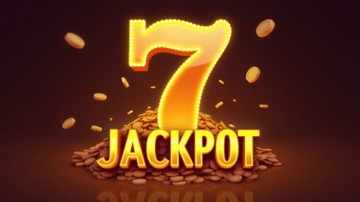 Numéro 7 brillant avec des pièces et du texte de jackpot.