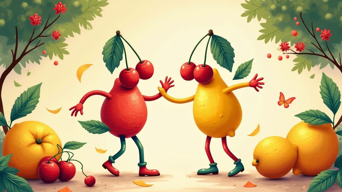Animated cherries and lemons dancing.
